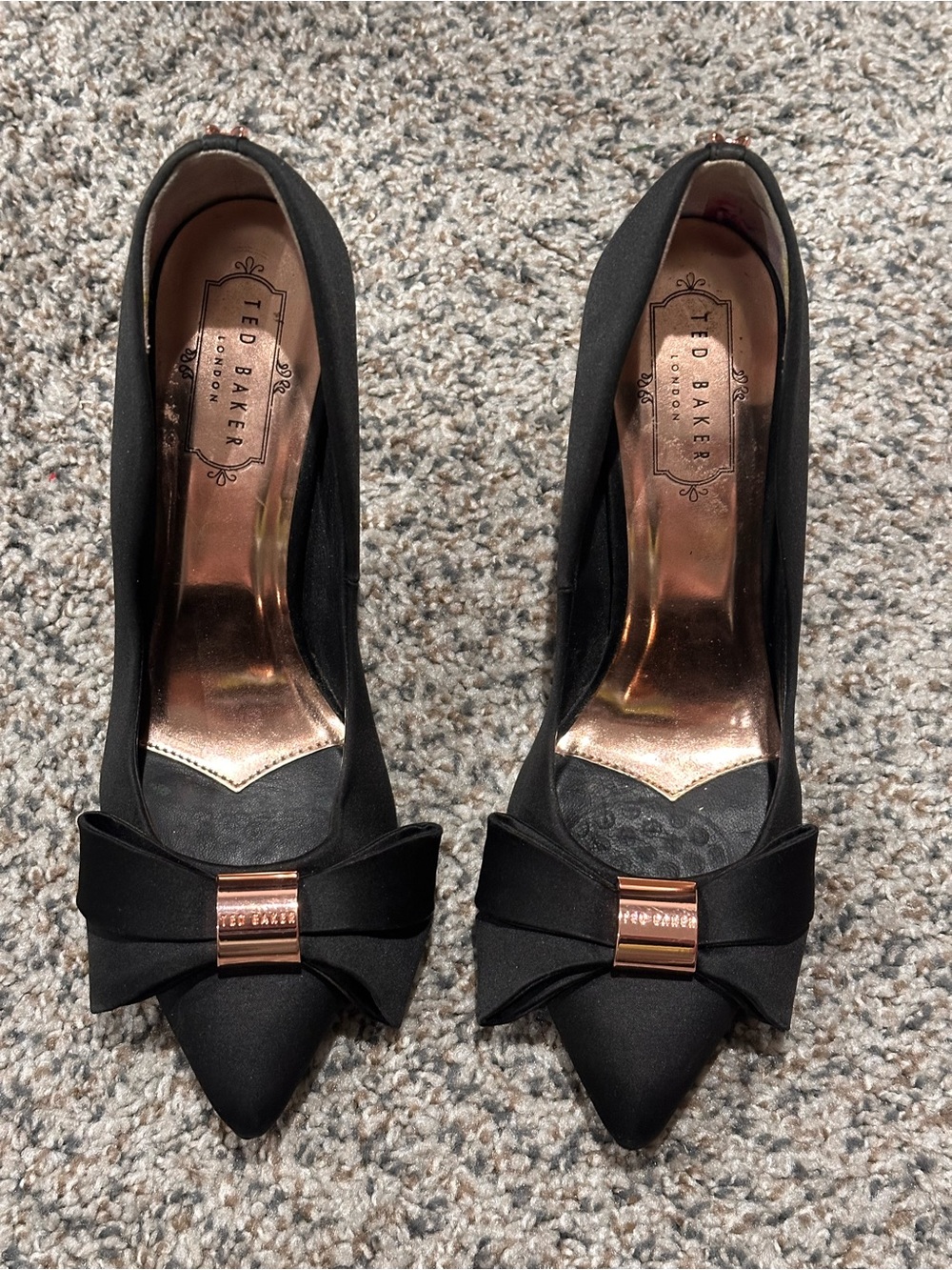 Ted Baker London Black Satin Bow Pumps Heels Rose Gold Pointed Toe 37.5